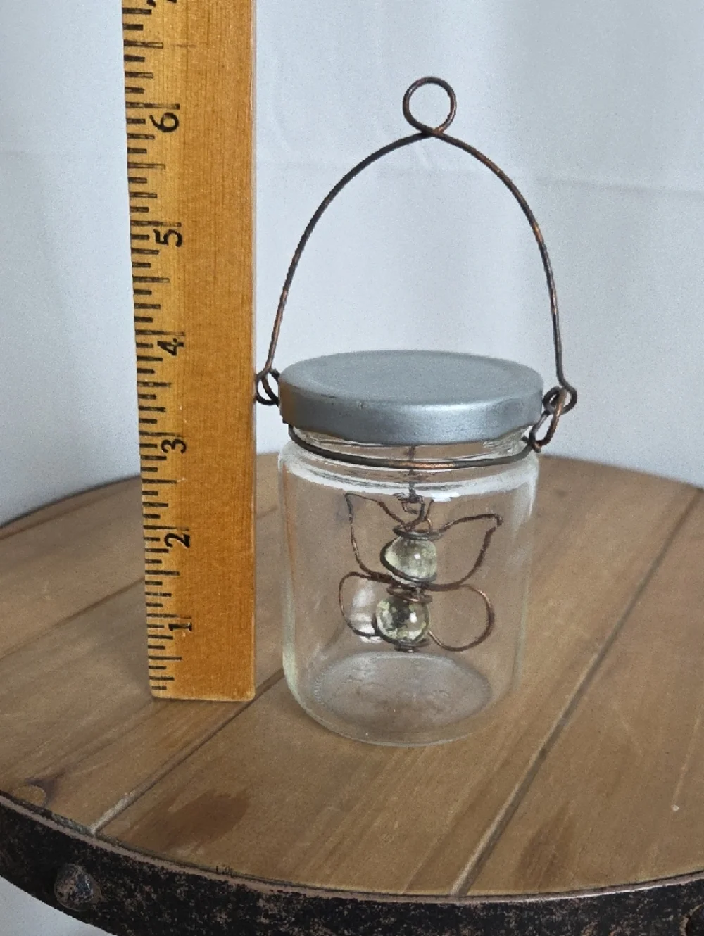 Glass Hanging Jar Lantern with Silver Lid and Copper Butterfly Accent
